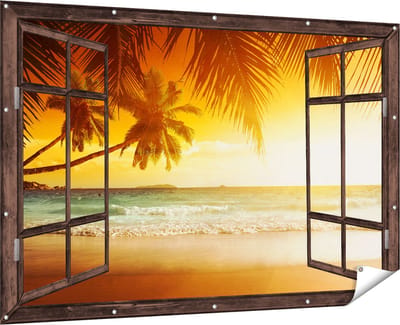 Gards Tuinposter Doorkijk Tropisch Strand tijdens Zonsondergang - 180x120 cm - Tuindoek - Tuindecoratie - Wanddecoratie buiten - Tuinschilderij