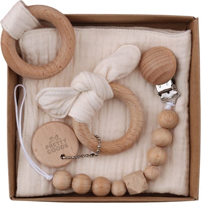 Baby Cadeau – Kraamcadeau Unisex – 3-delige Geschenkset met Bijtring, Speenkoord & Knuffeldoekje – Babyshower / Gender Reveal - Beige