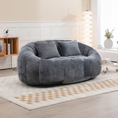 Bank poef - MUVOE - Tweepersoons fauteuil - Grijs chenille - 2 zitplaatsen - Vulschuim grijs