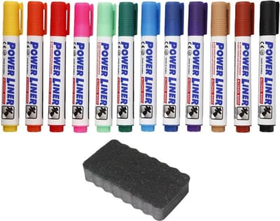 Whiteboard stiften 12x gekleurd - en een whiteboard wisser - complete set - kantoor/thuis - Power Liners met punt van 4 mm