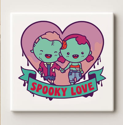 Spooky Love Keramische Tegel – 15x15cm Schattige Halloween Koppel Wanddecoratie, Romantisch Cadeau voor Horror & Zombie Liefhebbers