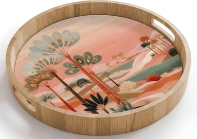 Dienblad rond 40x40 cm - Schootdienblad hout - Roze landschap - Palmen - Water - Borrelplank rechthoek - Plateau houten dienbladen