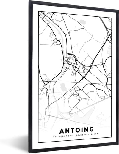 Fotolijst incl. Poster Zwart Wit- Kaart – Plattegrond – Stadskaart – Antoing – België – Zwart Wit - 40x60 cm - Posterlijst