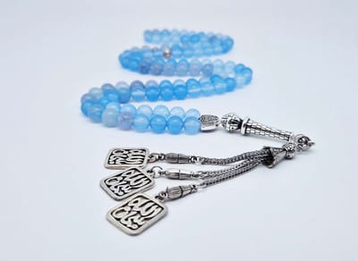 Handgemaakte tesbih "Tasbih" natuursteen " Blauwe Jade " - Aantal kralen 99 - Diameter kralen 8MM - met metaal tassel "Subhan Allah" - Een mooi cadeau-idee