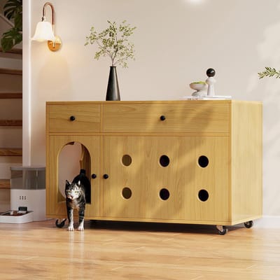 Pugsdrly Kattenbakmeubel (mobiele kattenbak) – kattenkast/kattenhuis met uitneembare bak voor kattenbakvulling, geurwerend, zonder kattenbakvulling, 100 × 45 × 66 cm (kleur natuurlijk hout, kleur geel esdoorn)