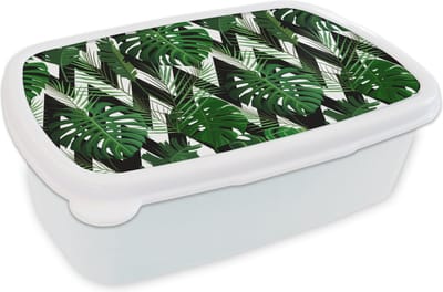 Broodtrommel Wit - Lunchbox - Brooddoos - Monstera - Zwart Wit - Patronen - 18x12x6 cm - Volwassenen