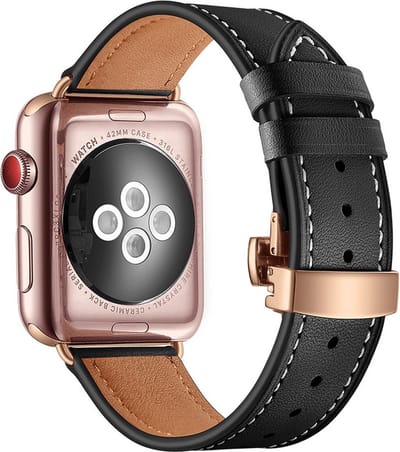 Leren bandje - geschikt voor Apple Watch 1/2/3/4/5/6/7/8/9/10/11/ SE (1,2,3) met maat 38 mm / 40 mm / 41 mm en 42 mm (Watch 10/11) - zwart