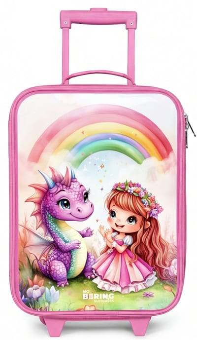 NoBoringSuitcases.com® - Kinderkoffer roze - Kindertrolley meisje - Meisje met paarse draak onder regenboog - Koffer kind lichtgewicht - Reiskoffer trolley voor kinderen - Koffertje met lichtgevende wieltjes - Rolkoffer
