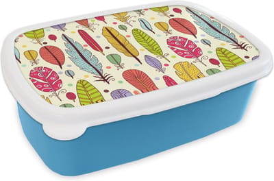 Broodtrommel Blauw - Lunchbox - Brooddoos - Patroon - Veren - Kleuren - Jongens - Kinderen - Kids - Kind - 18x12x6 cm - Kinderen - Jongen