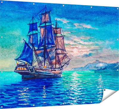 Gards Tuinposter Oude Piratenschip Zeilboot Getekend - 160x120 cm - Tuindoek - Tuindecoratie - Wanddecoratie buiten - Tuinschilderij