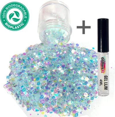 GlittersXL - Chunky Glitters (Ice Blauw) + Glitter Huid Lijm [Volume 8g - Festival Jewels Glitter Outfit Lichaam en Gezicht - Make-up Diamond Dots Face Body - Diamantjes Strass Steentjes - Kinderen Volwassenen Dames Makeup Tattoo Mastix Schmink]