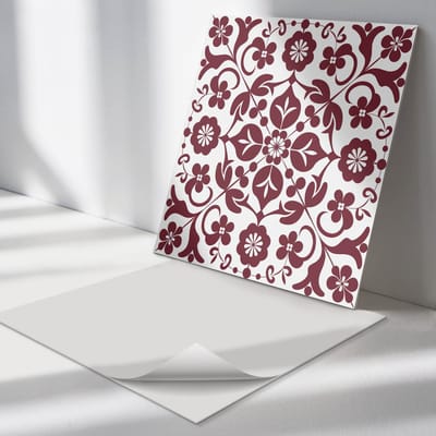Wallfluent Vinyl Tegels - Bloemenpatroon met Ornamenten Vloer Tegels PVC - 30 cm x 30 cm - Claret PVC Tegels - 9 stuks - Vierkant PVC Tegels - Patroon Plaktegels - Zelfklevende PVC Tegels - Plaktegels Keuken en Badkamer