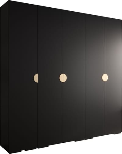 Opbergkast Kledingkast met 5 draaideuren Garderobekast slaapkamerkast Kledingstang met planken | Gouden Handgrepen, elegante kledingkast, glamoureuze stijl (LxHxP): 250x237x47 cm - IVONA 4 (Zwart, 250 cm)
