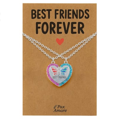 BFF Ketting voor 2 'Best Friends Forever' - Magnetisch Hartje met Vlinder - Vriendschapsketting op Cadeau Kaartje - 45cm + 5cm verstelbaar - Zilverkleurig - Best Friends Hanger - Pax Amare