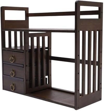 Bureau-boekenplank met 3 laden – Voor het opbergen van boeken en kantooraccessoires – multifunctioneel opbergrek voor georganiseerd gebruik op bureau – 50,0 × 30,0 × 60,0 cm – naturel bamboe en zwart – bamboe en metaal