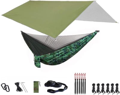 Camping Hangmat - Schommel Tent - Buiten Ontspannen - Met Net en Tarp - 118x118 Inch - Groen en Camou