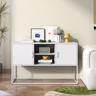 MEUNIQ dressoir 120 x 40 x 75 cm met 2 deuren, 6 vakken en 3 vaste planken, metalen opbergkast voor woonkamer, eetkamer, slaapkamer of hal, wit