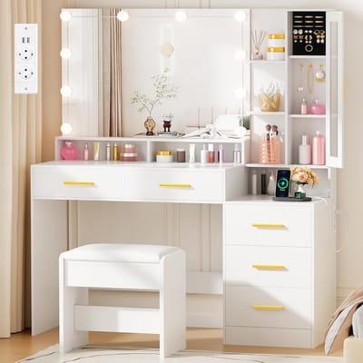 Grote make-uptafel met verstelbare ledverlichting en spiegel - Modern wit ontwerp met 5 laden en oplaadstation