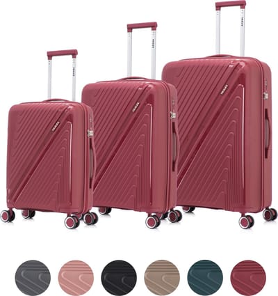 TRALEX - Horizon - 3 Delig kofferset - 42L-67L&97L - Handbagage 42L - Medium koffer 67L & Grote koffer 97L - Polypropyleen - Harde schaal - TSA-slot - Lichtgewicht - Flexibel - Duurzaam - Stille dubbele (rubberen) spinnerwielen - Wine Red
