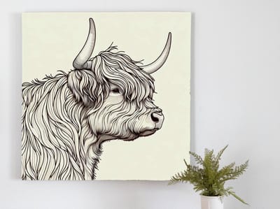 Line art schotse hooglander schilderij | Hooglandse lijnenspel: een artistieke ode aan de Schotse hooglander | Kunst - 75x75 centimeter op Forex | Foto op Forex