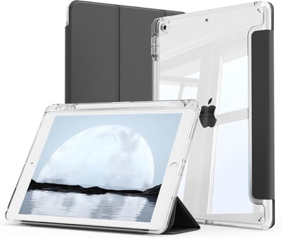 Hoes geschikt voor iPad 2021 hoes Zwart - Tablet hoes iPad 9/8/7 10.2 inch (9e generatie 2021 / 8e generatie 2020 / 7e generatie 2019) - iPad Air 3 hoes Smart Case met Harde Doorzichtige Achterkant en Pencil Slot