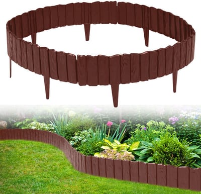 Borderrand Palissade Kunststof - Set van 12 Houtlook - 6.9m Bruin - Flexibele Dennenhout Gazonafscheiding - Bedrand Maairand Decoratief Bloembedrand Maaikant voor Tuinpalissade