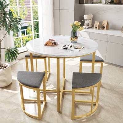 Eettafel set met vier stoelen, eethoek met MDF-tafelblad en verguld ijzeren frame, fluwelen stoel, moderne luxe tafels en stoelen, grijs