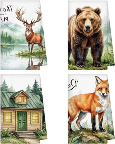 Set van 4 decoratieve keukenhanddoeken met wildlife thema, rustiek en absorberend, perfect voor thuis, cabin of camper