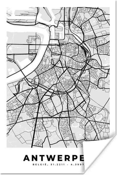 Poster Zwart Wit – België – Plattegrond – Stadskaart – Kaart – Antwerpen - 120x180 cm XXL