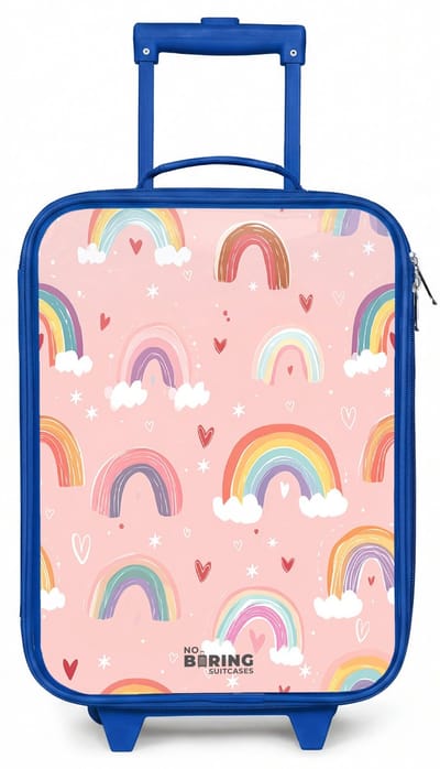 NoBoringSuitcases.com® - Kinderkoffer blauw - Kindertrolley jongen - Regenbogen op een roze achtergrond - Koffer kind lichtgewicht - Reiskoffer trolley voor kinderen - Koffertje met lichtgevende wieltjes - Rolkoffer