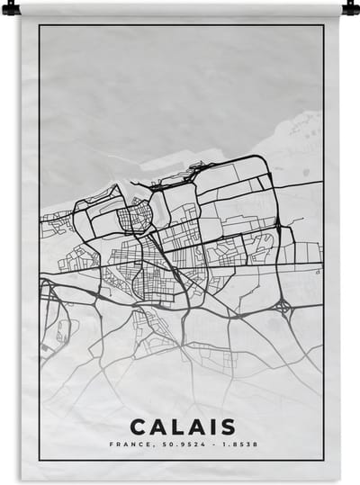 Wandkleed - Wanddoek - Stadskaart - Frankrijk - Calais - Kaart - Plattegrond - Zwart wit - 120x180 cm - Wandtapijt