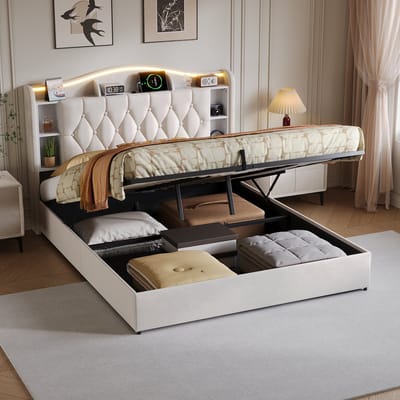 Opbergbed 140x200 cm Beige Fluweel – Gasveer, LED Hoofdbord met USB & Opbergruimte, Verstelbaar Hoofdbord