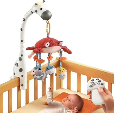 Baby muzikale wieg wieg mobiele afstandsbediening met spiegel zachte dieren opknoping speelgoed lichten slaapliedje roterende projector slapen, piano, natuurlijke muziek, auto off, dempen