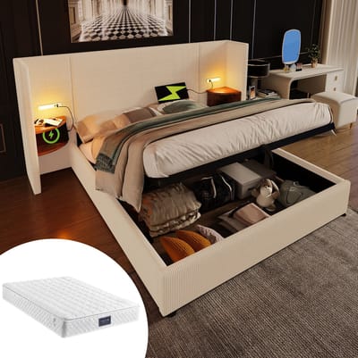 MEUNIQ tweepersoons opbergbed 160x200 met hoofdbord, leeslamp, USB en Type-C, lattenbodem, opbergruimte en zijplanken voor slaapkamer, beige-wit