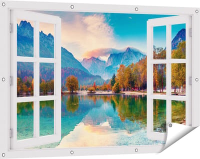 Gards Tuinposter Doorkijk Meer - 120x80 cm - Tuindoek - Tuindecoratie - Wanddecoratie buiten - Tuinschilderij