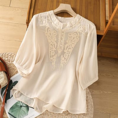 Katoen en Linnen Shirt met Korte Mouwen Dames Zomer Jonge Stijl Buitenlandse Stijl Buikbedekkend Los en Dun Top XL abrikoos