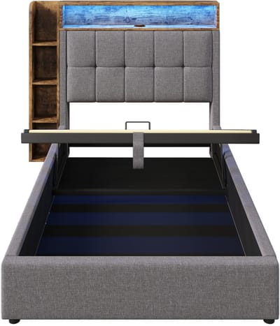 Eenpersoonsbed 90x200 cm - met USB Type-C oplaadfunctie - met opbergruimte - LED-verlichting - grijs - zonder matras