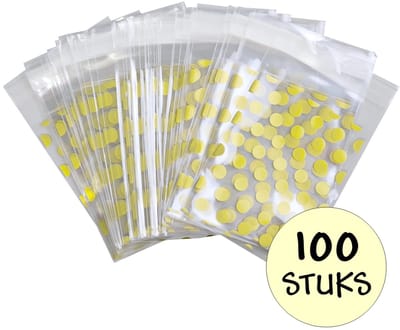 100x Cellofaanzakjes - 100x Uitdeelzakjes - Cellofaan Plastic Traktatie Kado Zakjes - Snoepzakjes - Stippen - 10x8cm - Goud
