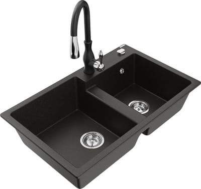 Mexen Tomas granieten gootsteen 2-kamer met keukenmengkraan Savita, zwart/goud metallic - 6516-75-672601-70