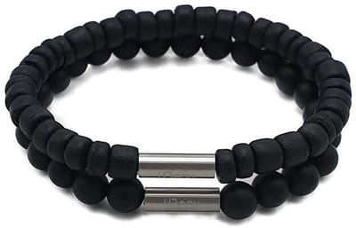 H-Beau - Duo – Cadeau - Set van 2 Handgemaakte Armbanden - Jongens Armband - Breedte: 6mm – Lengte: 15cm - Zwart - Natuurstenen - Natuurkralen - Onyx – Kokos – hout - Kralen - RVS Kraal - Mat – Unisex - Geschenk