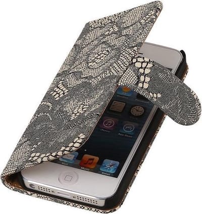 Beige Lace 2 booktype wallet cover hoesje voor Apple iPhone 5 / 5s