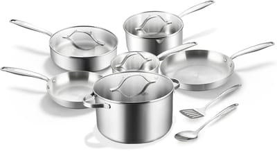 BE Living Pannenset 8-delig - Ø20 & 26 cm Koekenpan + Ø16 & 20 cm Sauspan + Ø24 Sauteerpan + Ø26 Soeppan + 2 Opscheplepels - RVS - Geschikt voor alle Warmtebronnen - Essential Series