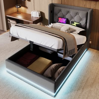 MEUNIQ gestoffeerd eenpersoonsbed 90x200 cm met hydraulische opbergruimte, USB en USB-C in hoofdbord, 3-zijdige LED-verlichting, lattenbodem, grijs