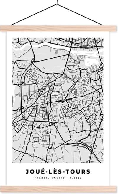 Posterhanger incl. Poster 40x60 cm - Schoolplaat - Kaart – Stadskaart – Joué-lès-Tours - Plattegrond – Frankrijk - Textielposter - Blanke latten - Stadskaart