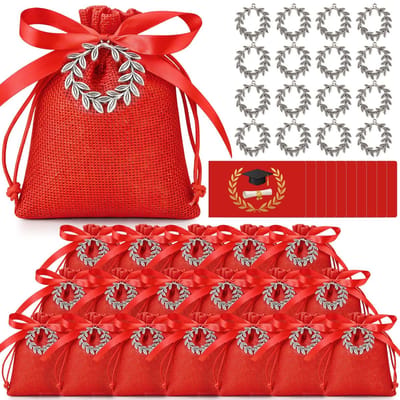 Dailygoods- Afstudeercadeautjes 50 Sets - Rode Tasjes - Sleutelhanger/Lauwerkrans - Snoepzakjes - Feestversiering - Persoonlijke Attenties - Jute/Papier - Feestartikelen