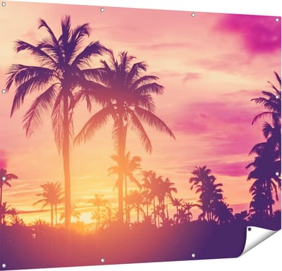 Gards Tuinposter Tropische Palmbomen met Zonsondergang - 150x120 cm - Tuindoek - Tuindecoratie - Wanddecoratie buiten - Tuinschilderij