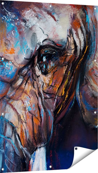 Gards Tuinposter Getekende Olifant van Dichtbij - Abstract - 80x120 cm - Tuindoek - Tuindecoratie - Wanddecoratie buiten - Tuinschilderij