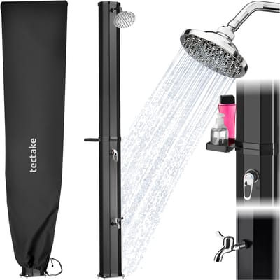 tectake® Buitendouche - Solar - 35L - Warm Water tot 60°C - Met Beschermhoes en Zeepbakje - Tuinslangaansluiting - Tuindouche met grote verstelbare douchekop en voetkraan - Zonnedouche - Campingdouche op Zonneenergie - Zwart