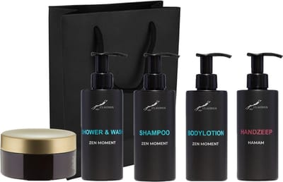 Compleet pakket Zen Moment - Shower & Wash + Shampoo + Bodylotion + Hamam Handzeep + Scrubzout 300 gram - 300 ml per fles - complete set van 5 stuks - met luxe gift tas - cadeau - giftset voor hem en haar