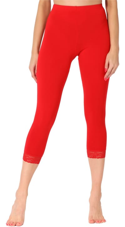 Merry Style MS-MS10-290-LE Dames Capri Leggings - Sport - Vrijetijdsbroek - 3/4 Lengte met Kant - Viscose - Sporbroek - Yogabroek - Rood - S